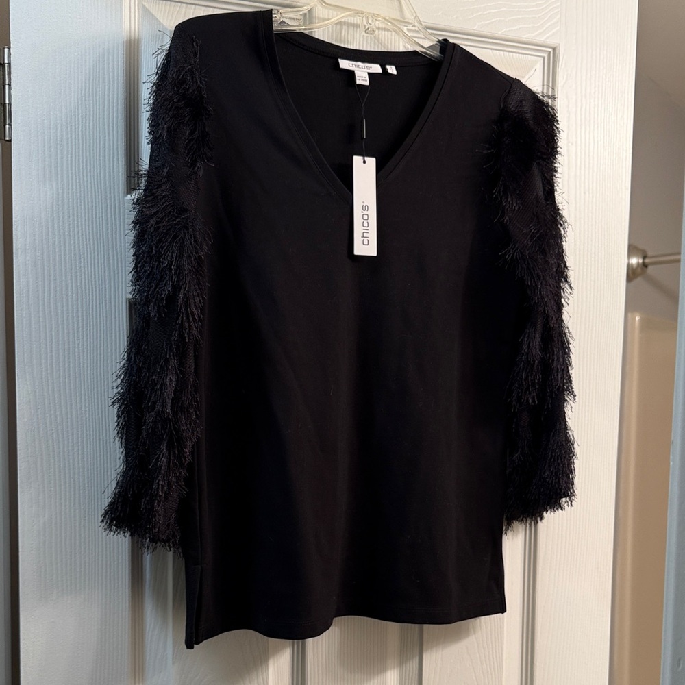 Chico's Black Fringe Sleeve Blouse - size small